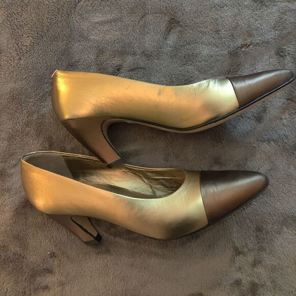 PALOMA two tone gold patent leather and satin heels vintage 7.5 - Picture 5 of 7